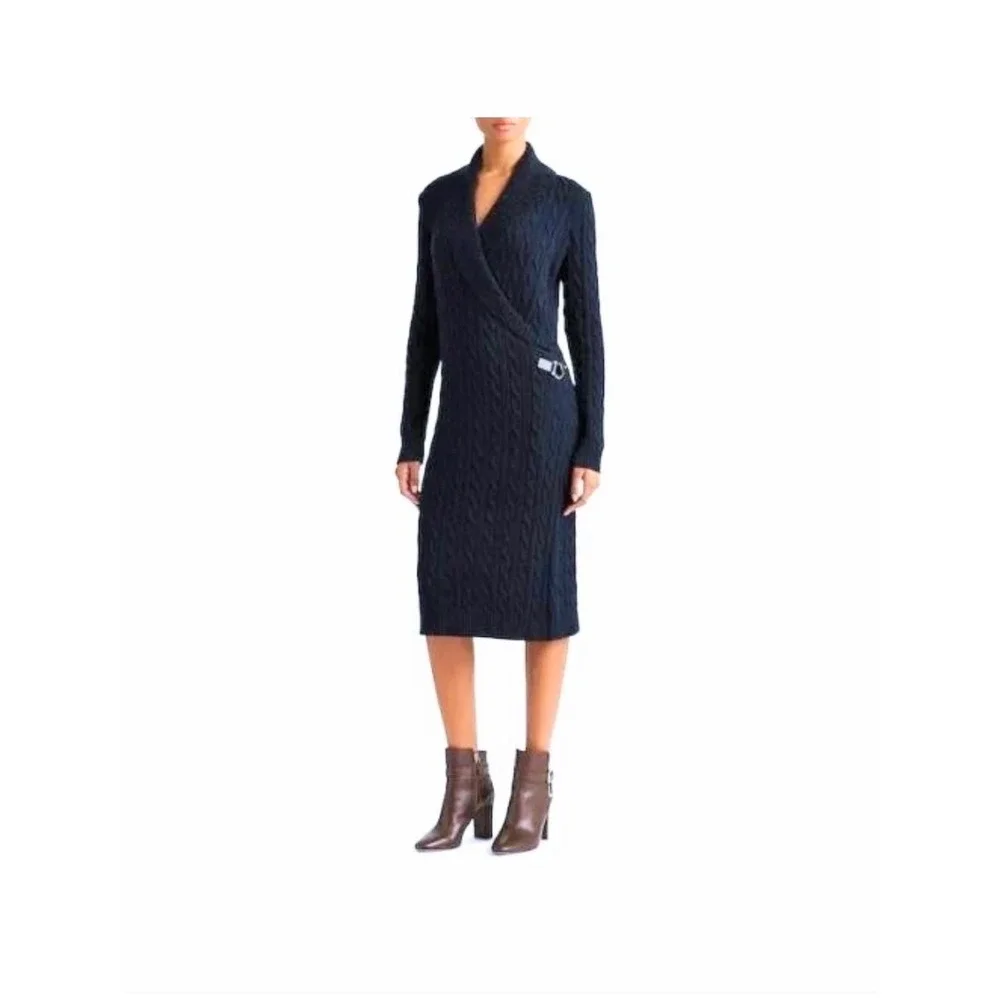 Lauren Ralph Lauren Cable Knit Wrap Dress, Womens Large Navy Blue - Picture 1 of 15